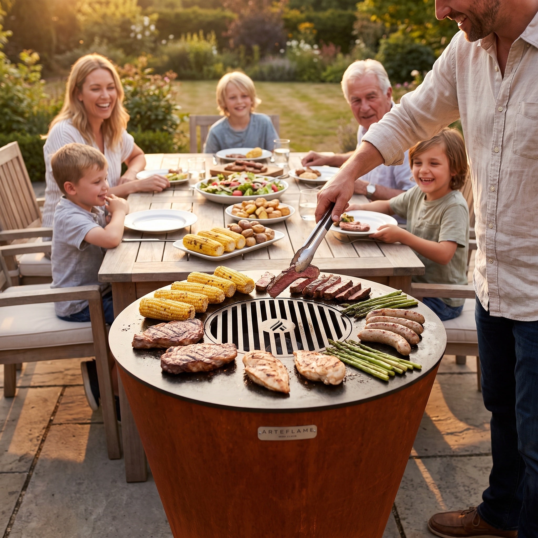 Family-style tableside grilling: the Arteflame ONE30 at the end of an outdoor dining table, serving sliced steak straight from the grill onto a child's plate